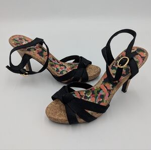 Fioni Black Bow Cork Sandals Heels Pin-Up Core Rockabilly Retro Summer 5.5W